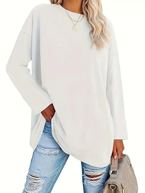 Plus Size Simple Solid Top Casual Crew Neck Long Sleeve Top - Temu United Kingdom Drop Shoulder Tee, Round Neck Tees, Basic Long Sleeve, Simple Shirts, Womens Basic, Round Neck Tops, Long Sleeve Casual, Matilda, Top Casual