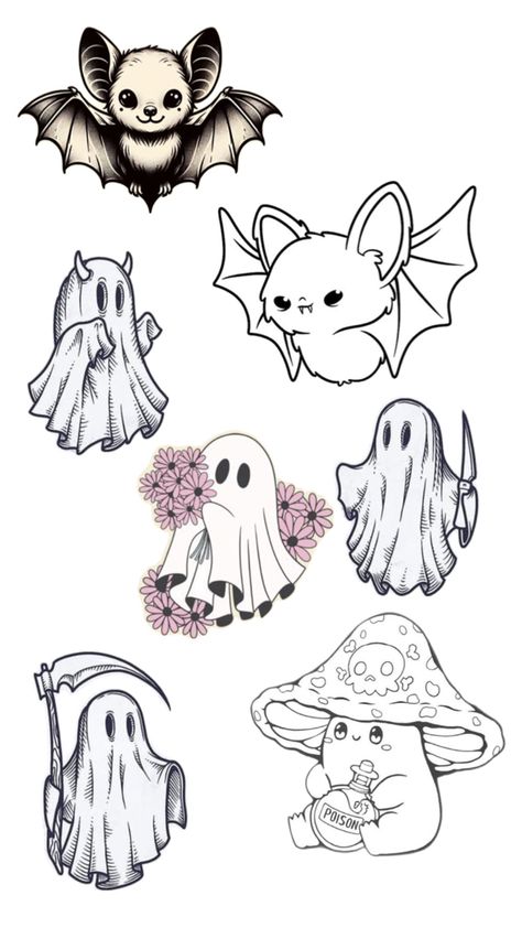 Cute spooky tattoo ideas Cute Halloween Ghost Tattoo, Medium Halloween Tattoos, Cute Spooky Halloween Tattoo, Colorful Ghost Tattoo, Dark Cute Tattoos, Spooky Aesthetic Tattoo, Tattoo Ideas Female Halloween, Tiny Bat Tattoo Ideas, Kawaii Bat Tattoo