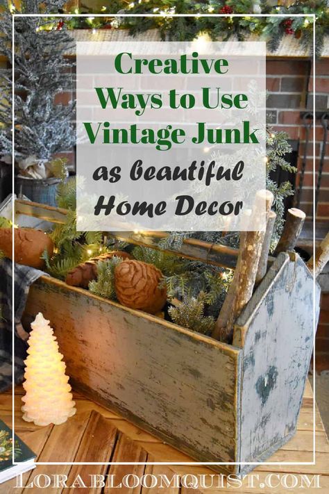 Do you love vintage treasure hunting? Then you'll love these creative ideas for using your vintage finds as Christmas decor. #vintageinspired #vintagedecor #vintagerepurposed #vintageupcycled Repurpose Christmas Decorations, Diy Christmas Ornaments Vintage, Vintage Winter Decor Ideas, Christmas Ornaments Display Ideas, Christmas Vignettes Ideas, Country Christmas Decorations Diy, Vintage Christmas Decorations Farmhouse, Vintage Fall Decor Ideas, Diy Vintage Decor Ideas