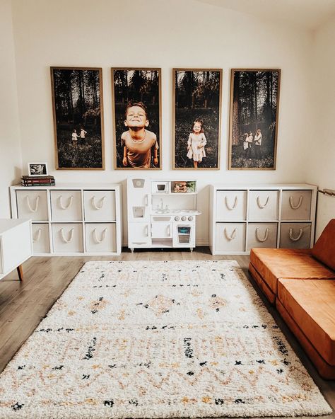 A clean playroom is what we're thankful for. 📸 @angel.mcclung Vintage Play Kitchen #playroom #kitchen Playroom Instead Of Dining Room, Sitting Area Playroom, Playroom Ideas With Kitchen, Kids Basement Playroom Storage, Play Room Ideas Boys, Play And Living Room Spaces, Black And Wood Playroom, Clean Playroom Ideas, Rec Room Playroom Ideas