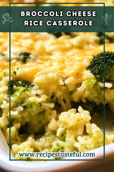 This comforting Broccoli Cheese Rice Casserole combines tender broccoli, creamy cheese, and fluffy rice for a delicious and easy side dish perfect for family gatherings or weeknight dinners. Chicken Cheese Rice Casserole, Green Rice Casserole, Cheese Rice Casserole, Broccoli Cheese Casserole Easy, Broccoli Cheese Rice Casserole, Broccoli And Cheese Recipe, Easy Broccoli Casserole, Broccoli Cheese Casserole Recipe, Broccoli Cheese Rice