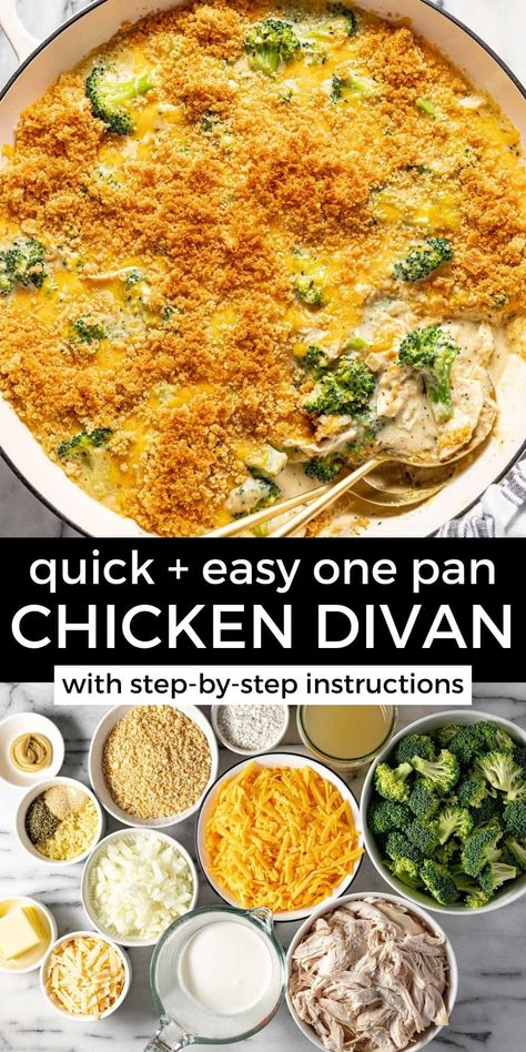 The Best Chicken Divan Recipe Creamy Shredded Chicken Recipes, Shredded Chicken Skillet Recipes, Best Chicken Divan, One Pan Chicken Rice, Shredded Chicken Cream Cheese, Chicken Divan Casserole, Chicken Divan Recipe, Creamy Cheese Sauce, Chicken Divan