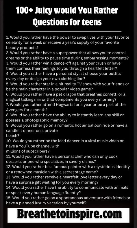 juicy would you rather questions for teens Would You Rather Juicy, Juicy Truth Questions For Friends, Juicy Truth Questions For Teenagers, Spill The Tea Questions For Friends, Would U Rather Question For Teens, What Would You Rather Questions, Crazy Would You Rather Questions, Would You Rather For Teens, Q And A Questions Friends