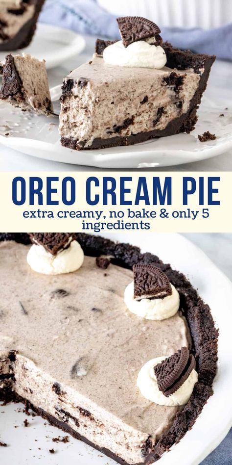 This Oreo pie is incredibly creamy, filled with crushed cookies and has a thick Oreo cookie crust. The recipe only requires 5 ingredients, is completely no bake, and has the most delicious cookies and cream flavor. #oreo #pie #nobake #cookiesandcream #summer #recipe #oreodessert from Just So Tasty Oreo Cream Pie, No Bake Oreo Pie, Oreo Dessert Recipes, Oreo Pudding, Oreo Pie, Vegetarian Cookies, Oreo Cream, Dessert Board, Oreo Cookie Crust