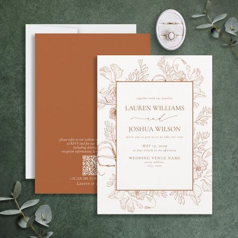 $2.14 | QR Code Burnt Orange Floral Line Art Wedding #burnt orange, qr code, modern elegant, spring fall botanical, floral, calligraphy script, vintage, line art, rustic chic, wedding invitation with rsvp Line Art Wedding, Cream Wedding Invitations, Orange Invitation, Orange Wedding Invitations, Burnt Orange Weddings, Floral Line Art, Modern Hand Lettering, Sage Green Wedding, Fall Wedding Invitations