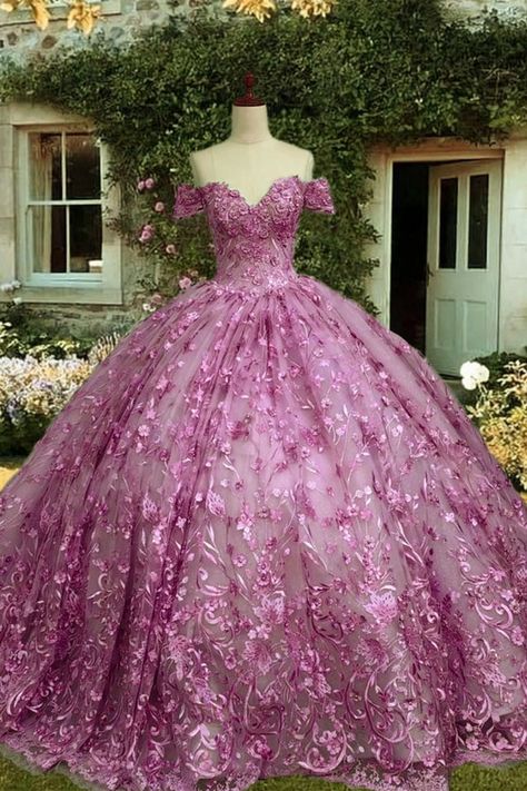 Lilac Ball Gown Dress Purple 15 Dress, Enchanted Forest Gown, Purple Quince Dress, Hot Pink Quinceanera Dresses, Dress For Quinceanera, 15 Birthday Dresses, Enchanted Forest Prom, Poofy Prom Dresses, Enchanted Forest Theme