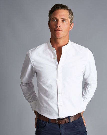 Shoot Poses Men, Mexico Wedding Outfit, Groom Party Ideas, Collarless Shirt Men, Charles Tyrwhitt Shirt, Summer Business Casual, Mandarin Collar Shirt, Collar Shirt Men, Old Money Outfit