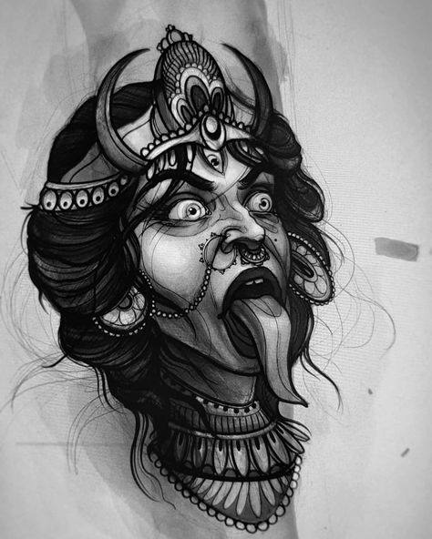 Kali Maa Tattoo Design, Kaali Maa Tattoo, Theyyam Tattoo Designs, Kali Mata Tattoo Designs, Maa Kali Tattoo Design, Kali Mata Tattoo, Kali Maa Tattoo, Maa Kali Art, Kali Tattoo Design