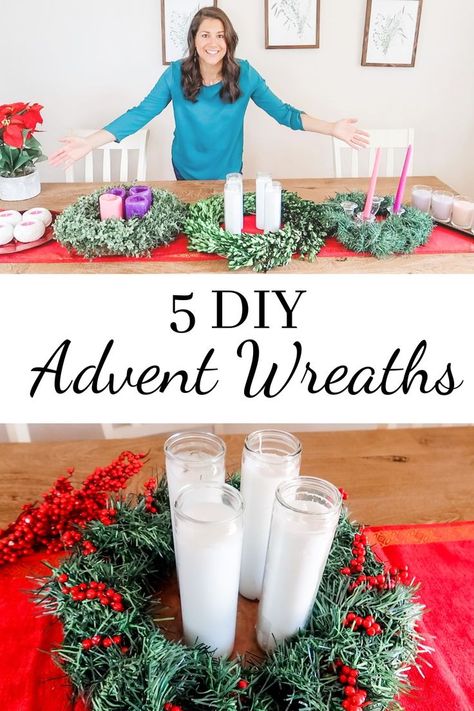 This are my ideas on how to make your own Advent Wreaths. I share 5 different idea and they are all budget friendly! #advent #adventwreath #diyadventwreath Farmhouse Advent Wreath, Advent Display Ideas, Homemade Advent Wreath Diy, Diy Advent Wreath Candle Holders, Advent Wreaths For Church, Diy Advent Wreath Catholic, Advent Centerpiece Ideas, Modern Advent Wreath Ideas, Christmas Advent Wreath Ideas