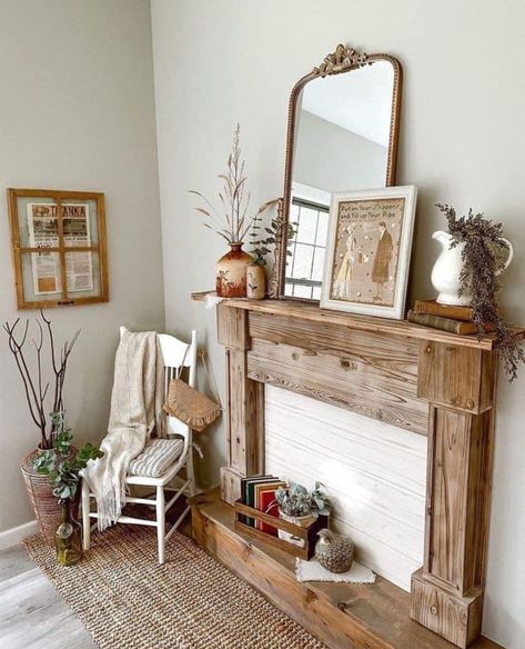 Antique Mantle Fireplace Master Bedrooms, Faux Fireplace Antique Mantle, Cottage Style Mantle Decor, Bedroom Mantel Decor, Faux Vintage Fireplace Mantle, Vintage Faux Fireplace, Faux Mantle Living Room, Faux Mantle Fireplace, Faux Fireplace In Dining Room