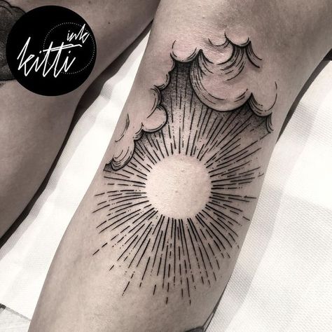 Sun Tattoo On Knee Cap, Elbow Sunburst Tattoo, Sun Halo Tattoo, Cloud Knee Tattoo, Fine Line Shoulder Tattoo Men, Round Elbow Tattoo, Woodcut Sun Tattoo, Celestial Leg Tattoo, Blackwork Sun Tattoo