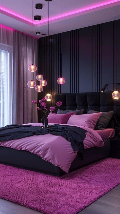 Pink And Purple Room Ideas, Black And Pink Bedroom Ideas, Pink And Black Bedroom Ideas, Nice Bedrooms, Cozy Bedroom Design, Inviting Bedroom, Dream Bedroom Inspiration, Bedroom Color Combination, Luxury Room