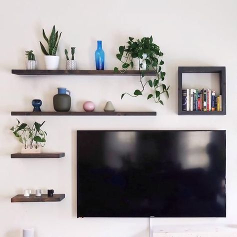 Floating shelves, wooden shelves, picture ledge, shelf bracket, industrial shelf | Living room designs, Living room decor inspiration, Floating shelves living room Wall Storage Ideas, Shelves Around Tv, Tv Wall Shelves, Shelves Living Room, Room Decor Inspiration, Ruang Tv, Space Saving Ideas, Bedroom Tv Wall, Industrial Shelf