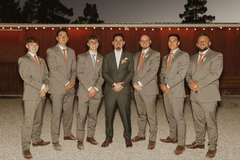 Gray Groomsmen, Gray Groomsmen Suits, Gray Suits, Groomsmen Grey, Orange Bridesmaid, Charcoal Suit, Light Grey Suits, Terracotta Wedding, Rustic Boho Wedding