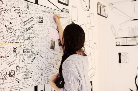 Probably not this chaotic... but I like the idea. sketchbook pop-up shop, write on wall Writing On Walls Bedroom, Mural Wall Poses, Wall Writing Street, Posing With Graffiti Wall, Wall Grafitti Creative, Wall Writing, Wall Drawing, Interactive Art, Pop Up Event