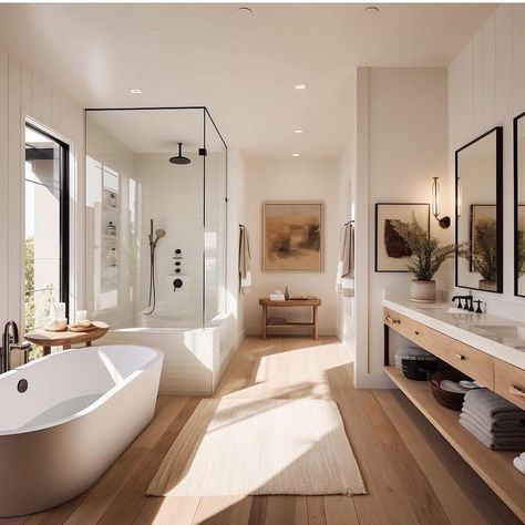 Master Bath With Hardwood Floors, Beautiful Bathrooms Modern Luxury, Modern Warm Bathroom, Modern House Ideas, Planning 2024, Large Bathroom Remodel, Drømme Bad, Luxury Minimalism, Jack N Jill Bathroom Ideas