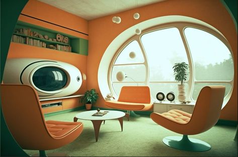 Atomic Era Decor, Space Age Aesthetic Interior, 70s Futurism Interior Design, Retro Futurism Bedroom, Retro Futurism Interior Design, Weird Interior, Tva Aesthetic, Retro Futurism Interior, Spaceship Room