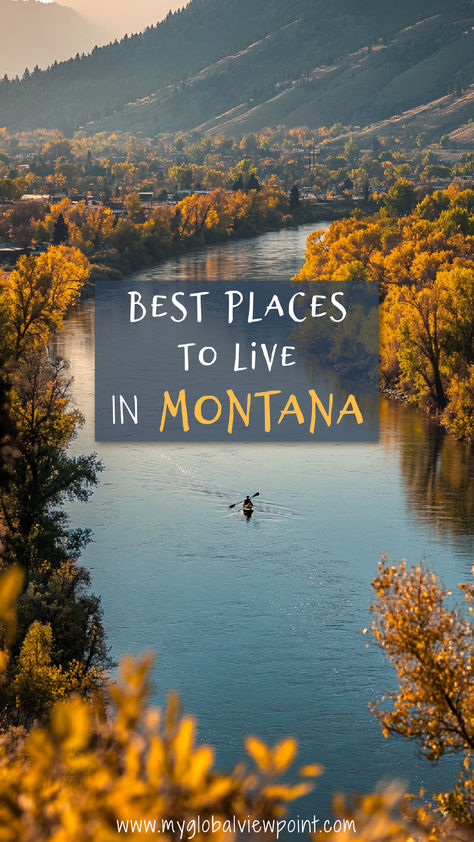 A kayaker paddles down a tranquil river surrounded by autumn-colored trees and rolling hills in Montana, creating a picturesque and serene landscape in one of the best places to live in Montana. Places To See In Montana, Living In Montana, Moving To Montana, Best Places To Live In Us, Houses In Montana, Montana Core, Montana Views, Ennis Montana, Montana Aesthetic