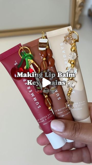 Aman on Instagram: "Making my favorite lip balms into key chains✨  @summerfridays   Which one is your favorite?   inspo: @j.xnah 🫶🏽 #lipbalm #summerfridays #lipbutter #lipbalmkeychain #diy" Lipgloss Holder Keychain Diy, Chapstick Keychain Diy, Lip Balm Charms Diy, Lip Balm Keychain Aesthetic, Diy Lip Gloss Keychain, Summer Fridays Lip Balm Keychain, Lipgloss Charms Diy, Lipgloss Keychain Diy, Things To Do On Your Birthday With Friends