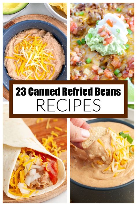 Have a can of refried beans? Here are 23 recipes using canned refried beans to help you put together an amazing appetizer or meal. These canned refried bean recipes ranch from dips, to casseroles, even a breakfast meal. Recipes That Use Refried Beans, What To Make With Refried Beans, Refried Bean Recipes, Recipes With Refried Beans, Can Refried Beans Recipe, Best Refried Beans Recipe, Refried Bean Soup, Bean Dip Recipes Refried, Cheap Eating