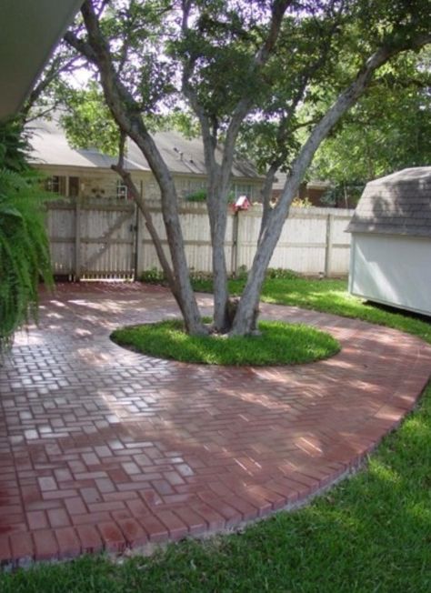 Tree In Patio, Grass To Patio Transition, Brick Around Tree, Patio Around Tree, Bed Island, Landscaping Around Patio, Side Patio, Landscape Pavers, Small Outdoor Patios