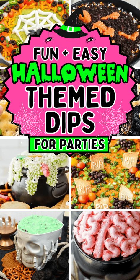 Easy Halloween dips for parties! Fun Halloween themed party dips including savory dip recipes and sweet dessert dips. From gross throw up queso dip and graveyard taco dip to cute halloween dessert dip for kids, you’ll love these easy halloween party appetizers. Cheap potluck ideas for Halloween, easy halloween desserts, halloween crockpot dip, creepy appetizers, adult halloween party food, halloween camping food ideas, simple halloween snacks, halloween charcuterie, spooky dips, movie night ... Easy Halloween Side Dishes, Cheap Potluck, Halloween Party Side Dishes, Halloween Dips For Parties, Creepy Appetizers, Halloween Dessert Dip, Savory Dip Recipes, Halloween Crockpot, Halloween Dips