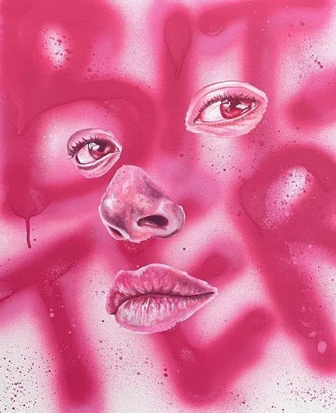 Pink R&b Aesthetic, Monochromatic Pink Painting, Spray Painting Ideas, Collage Painting Canvas, Pink Art Painting, Pink Acrylic Painting, Face Art Painting, Monochromatic Painting, Best Spray Paint