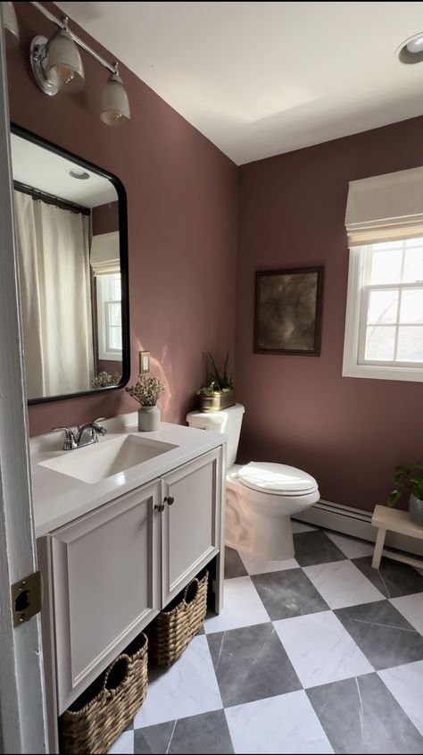 Kid’s Bathroom Refresh | liannecarey.com Grey And Red Bathroom Ideas, Big Bathroom Paint Colors, Gray And Burgundy Bathroom Ideas, Dark Bathroom Makeover, Red And Cream Bathroom, Rose Color Bathroom, Half Bath Dark Walls, Maroon Bathroom Decor, Grey Color Scheme Bathroom