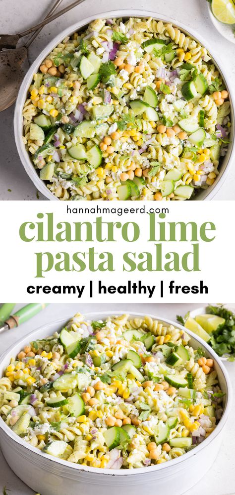 This Cilantro Lime Pasta Salad is full of fresh flavour, vibrant colours, and nourishing ingredients like chickpeas, cucumber, and corn. Everything gets coated with a creamy cilantro lime & avocado dressing made with greek yogurt for extra protein and that perfect creamy pasta salad texture. Meal prep it for a healthy lunch or serve it as a delicious warmer weather side dish! Salad Meals Healthy, Pasta Salad For Meal Prep, Protein Summer Salad, Salad Supper Ideas, Pasta Salad Recipes With Avocado, Pasta Salad For 2, Lunches To Eat Cold, Cucumber Salad With Protein, Dinners With Cucumbers