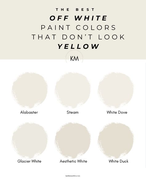 6 Off-White Paint Colors That Don't Look Yellow - Kaitlin Madden Home Blogger Behr Cream Paint Colors Kitchen, White Duck Paint Color, Off White Bathroom Cabinets, Resurface Cabinets, Benjamin Moore White Paint Colors, Popular White Paint Colors, Popular White Paint, Benjamin Moore Navajo White, House Paints