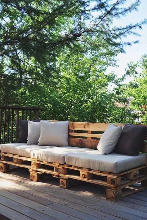 "Relax in style with a DIY Outdoor Pallet Sofa! 🛠️🌿 Perfect for creating a cozy and eco-friendly seating area in your garden or patio. 🌟✨ #DIYPalletSofa #OutdoorFurniture #EcoFriendlyDecor" Diy Outdoor Furniture With Pallets, Pallet Couches Indoor, Outdoor Couch Diy Pallets, Outside Seating Area Diy, Pallet Outdoor Furniture Diy, Pallet Benches Outdoor, Diy Wood Couch Indoor, Outdoor Wood Sofa, Small Backyard Seating Ideas