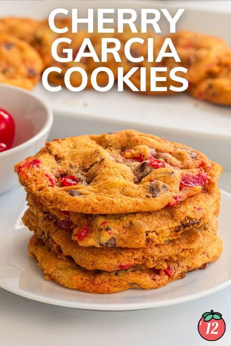 These Cherry Garcia Cookies will remind you of the ice cream while still filling you up with that warm, crumbly, cookie goodness. With maraschino cherries, chocolate chunks, almond extract, and lots of other goodies, the whole family will eat these right up! Cherry Garcia, Tomatoes Recipes, 12 Tomatoes Recipes, Cherry Ice Cream, Maraschino Cherries, Cherry Desserts, Almond Extract, Unique Cookies, 12 Tomatoes