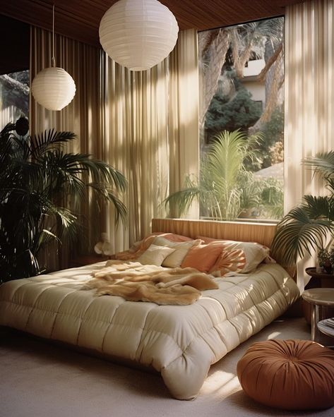 1970s Palm Springs luxury 🧡🌴 • • • • (AI images — MJ 5.2) #70sinterior #1970sinterior #70saesthetic #1970s #70svibes #70snostalgia #70sdecor #70s #vintage #interiordesign #homedecor #luxuryhomes Palm Springs Apartment, 1970s Palm Springs, 70s Canopy Bed, Palm Springs Bedroom Ideas, 70s Rooms Bedrooms, 80s Palm Springs, 70s House Bedroom, Vintage Interior Aesthetic, 1970s Bedroom Vintage