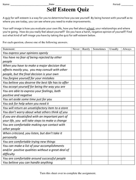 Self Esteem Quiz, Worksheet For Adults, Counseling Worksheets, Self Esteem Worksheets, Self Esteem Activities, Counseling Activities, What Is Self, Therapy Worksheets, Group Therapy