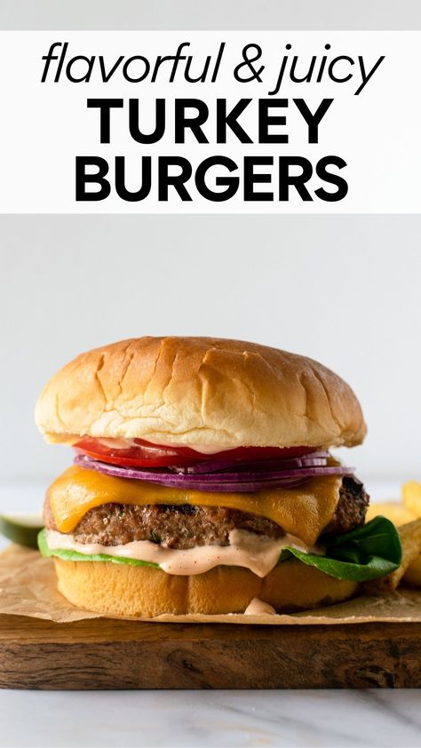 If you're craving BIG flavor, you need to make these turkey burgers. This grilled turkey burger recipe proves that ground turkey can produce a flavorful, juicy burger just like a traditional beef burger. Trust me, these turkey burgers will exceed your expectations and become a favorite! #burgers #turkeyburgers Oven Turkey Burgers, Grilled Turkey Burgers Recipes, Turkey Burger Seasoning, Easy Green Salad Recipes, Turkey Burger Recipes Healthy, Ground Turkey Burgers, Ground Turkey Recipes Easy, Best Turkey Burgers, Turkey Burger Recipe