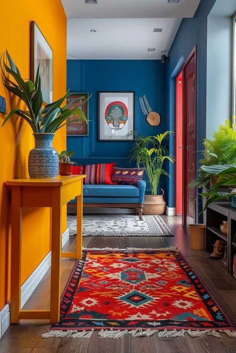 29 Small Apartment Decorating Ideas to Maximize Style in Minimal Spaces 22 Color Pop Apartment, Colorful Room White Walls, Colorful Houses Interior, Colored Couch, Colourful Living Room Decor, Strong Style, Bright Decor, Colourful Living Room, Small Apartment Decorating