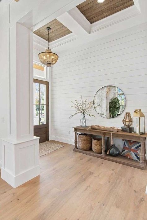 Creating the Perfect Modern Farmhouse: A Shiplap Collaboration with Palm Grove Farmhouse Shiplap Foyer Entryway, Shiplap Foyer, Shiplap Entryway, New Home Build, Open Foyer, Warm Wood Flooring, Installing Shiplap, Morning Room, White Shiplap