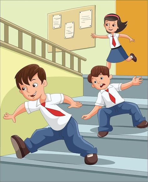 Safety At School For Kids, School Students Pic, Safety At School, Run Pictures, School Stairs, Safety Clipart, Stairs Illustration, Student Illustration, Safety Pictures