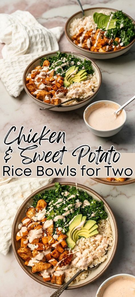 A delicious and nutrient-dense recipe for roasted chicken and sweet potato rice bowls topped with roasted chicken breast, roasted sweet potatoes, massaged kale, crumbled feta cheese, avocado, and a creamy chipotle sauce. This is a small batch recipe that makes two chicken and sweet potato rice bowls. #chickenricebowls #chickenkalebowls #sweetpotatobowl #healthyrecipeideas #healthydinnerideas #recipesfortwo #smallbatchrecipes Healthy Lunch Bowls For Work, Nutritious Dinner Ideas, Highly Nutritious Meals, Healthy Fall Recipes Dinner High Protein, Healthy Dinner Date Recipes, Turkey Sweet Potato Bowl, Fall High Protein Recipes, Healthy Cozy Dinner Recipes, High Protein Fall Recipes