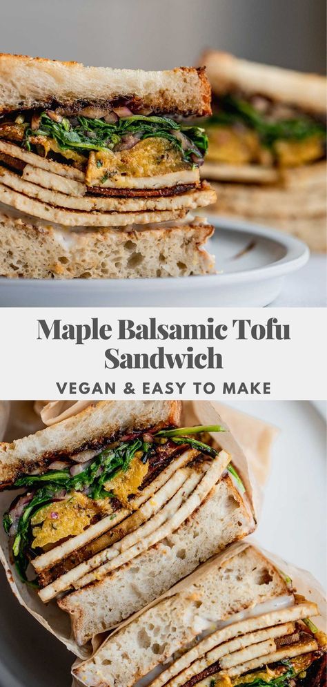 Balsamic Tofu, Garlic Yogurt Sauce, Garlic Yogurt, Vegan Sandwich Recipes, Tofu Sandwich, Maple Balsamic, Marinated Tofu, Vegan Sandwich, Yogurt Sauce