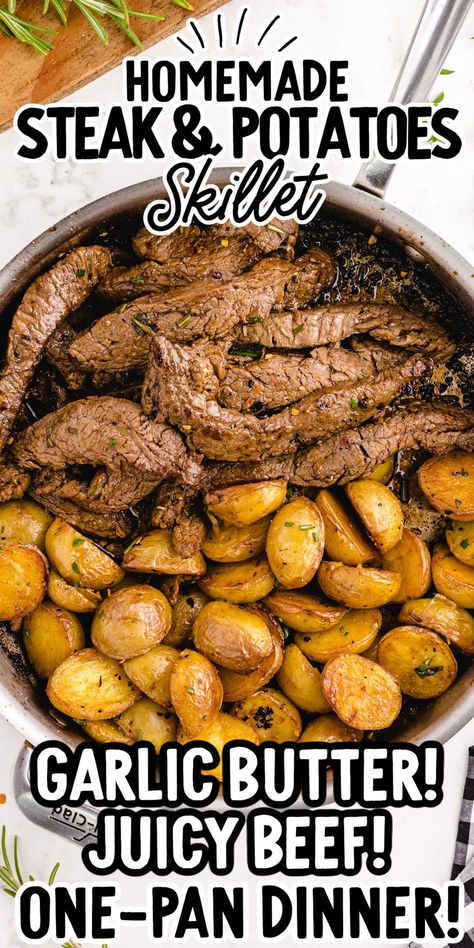 Garlic Butter Steak and Potato Skillet Steak And Potato Skillet, Balsamic Glazed Steak Rolls, Steak And Potatoes Skillet, Garlic Butter Steak And Potatoes, Butter Steak And Potatoes, Salisbury Steaks, Deer Steak, Good Steak Recipes, Meat And Potatoes Recipes