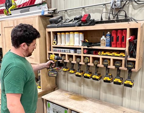 Drill Charging Station Plan - Default Title - John Malecki Tool Rack Ideas, Garage Layout Ideas, Woodworking Shop Organization, Workshop Tool Storage, Cordless Tool Storage, Farming House, Woodworking Station, Drill Charging Station, Jonathan Winters