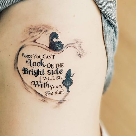 The perfect tribute to Alice In Wonderland, this piece is both beautiful and whimsical. #tattoo #sticktattoos #tattoos #dottattoos Tattoos For Women Dark Aesthetic, Disney Themed Sleeve Tattoo, Memorial Tattoo Ideas For Friend, Halloween Friend Tattoos, Soul Sisters Tattoo, Words Neck Tattoo, Cute Memorial Tattoos, Tattoos For Nieces, Unusual Tattoo Ideas