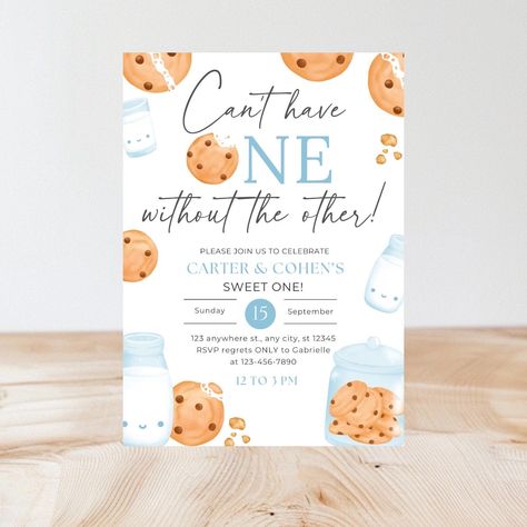 Customizable milk and cookie theme for twins birthday party invitation. Perfect first birthday party theme ''Can't have ONE without the other!''. Once purchased you will be provided a link to the template where you can customize to your liking! * Disclaimer: colors may vary slightly with printing. Please reach out with any questions or concerns! Thank you! Cookies And Milk First Birthday Party, Twins Bday Party Ideas, First Twin Birthday Party Themes, Twins 1st Birthday Theme, First Birthday Milk And Cookies, 1st Birthday Party Ideas Twins, Twin Boy 1st Birthday Themes, Simple 1 Year Birthday Party, 1st Bday Boy Themes