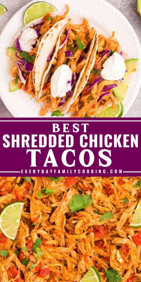 Unlock the secret to the easiest shredded chicken tacos ever — no special equipment needed, and you’ll be ready to serve in just 30 minutes! Chicken For Tacos Stove Top, Chicken Seasoning For Tacos, Shredded Chicken Recipes Taco, Stove Top Chicken Tacos, Quick Chicken Tacos, Crockpot Chicken Tacos 3 Ingredient, Sherred Chicken Recipes Meals, Chicken Tacos Sauce, Chicken Breast Taco Recipes