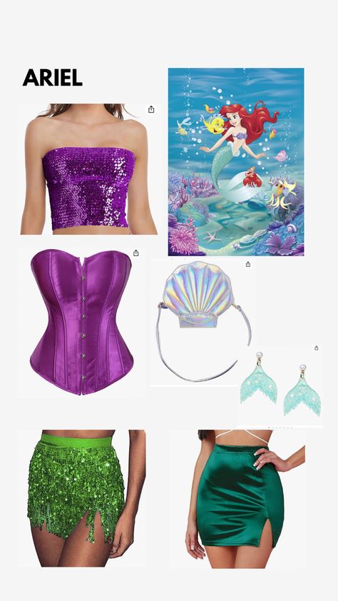 Disney Princess Halloween costume. The Little Mermaid. Green and purple costume Ariel Princess Costume College, Ariel Costumes Women, Hot Ariel Halloween Costume, Hot Ariel Costume, Diy Ariel Costume Women Easy, Ariel Custome Halloween, Arial Princess Costume, College Ariel Costume, Preppy Mermaid Costume