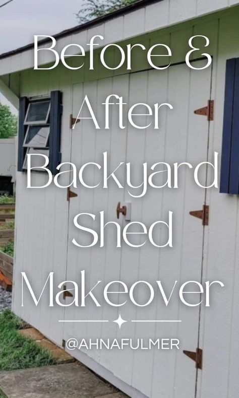 Check out this before and after shed makeover, and find inspiration to give any backyard shed a facelift this summer. Tap on this pin to get this DIY tutorial and more with Ahna Fulmer // HammersNHugs.com. #outdoorliving #outdoorproject #backyard Diy Shed Makeover, Shed Paint Colours, Shed Exterior Ideas, Sheds Ideas Backyard, Outside Sheds, Garden Shed Interiors, Small Garden Shed, Shed Landscaping, Painted Shed