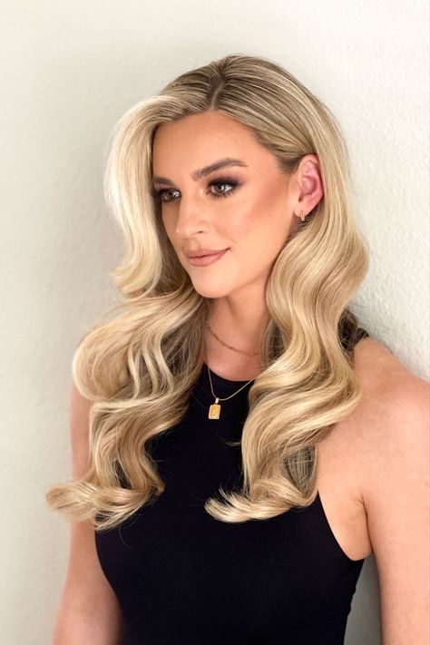 Bridesmaid Hair Glam Waves, Pinned Back Hollywood Waves, Hollywood Curls Bridal Hair, Bridal Hair Old Hollywood Waves, Simple Blowout Wedding Hair, Vintage Wave Wedding Hair, Hollywood Hairstyles Wedding, Old Money Waves Bridal Hair, Soft Wave Bridesmaid Hair