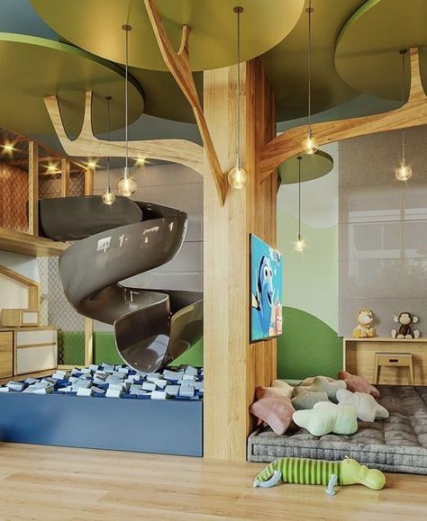 Cool Indoor Playground, Nature Playroom Ideas, Indoor Treehouse Playroom, Kids Playground Indoor, Playground Interior Design, Indoor Playroom Ideas, Playroom Design Indoor Playground, Play Cafe Ideas, Indoor Play Ground