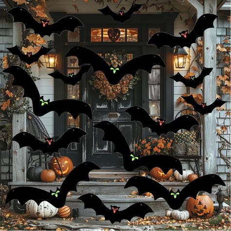 PRICES MAY VARY. Spooky Aesthetic Halloween Bats Set:This pack of Halloween hanging bats is a must-have for a festive setting.It including 15 pieces with 3 shaped bats(3D design),3 sheet glow in the dark DIY eye stickers, 15 pairs foam dual-adhesive for indoor decor,and 1 rolls of fishing string. Durable & Weatherproof:These Halloween black bats yard signs are made of high quality plastic PP board.Compared with cardboard and corrugated boxes,it has good waterproof performance. Will not be damage Bat Decorations Halloween, Signs For Door, Garden Front Porch, Hanging Bats, Scary Bat, Bats Flying, Spooky Aesthetic, Bat Decorations, Halloween Decorations Outdoor